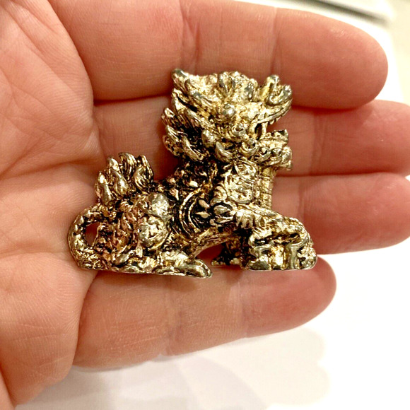 Silvertone Metal Foo Dog Figure Asian Oriental Guardian Figurine Miniature Size - Picture 6 of 7